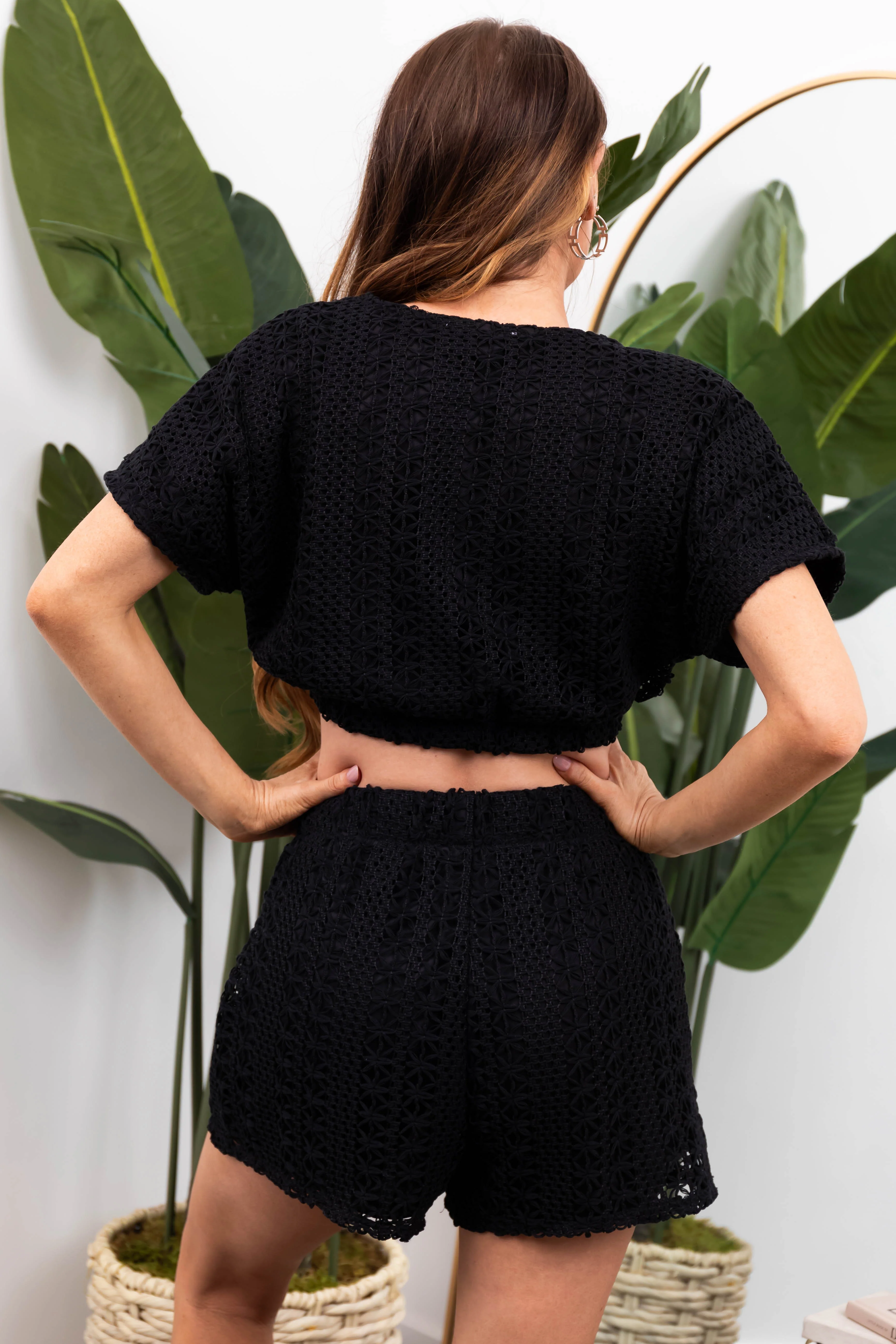 Black Crochet Surplice Crop Top and Shorts Set - Image 8