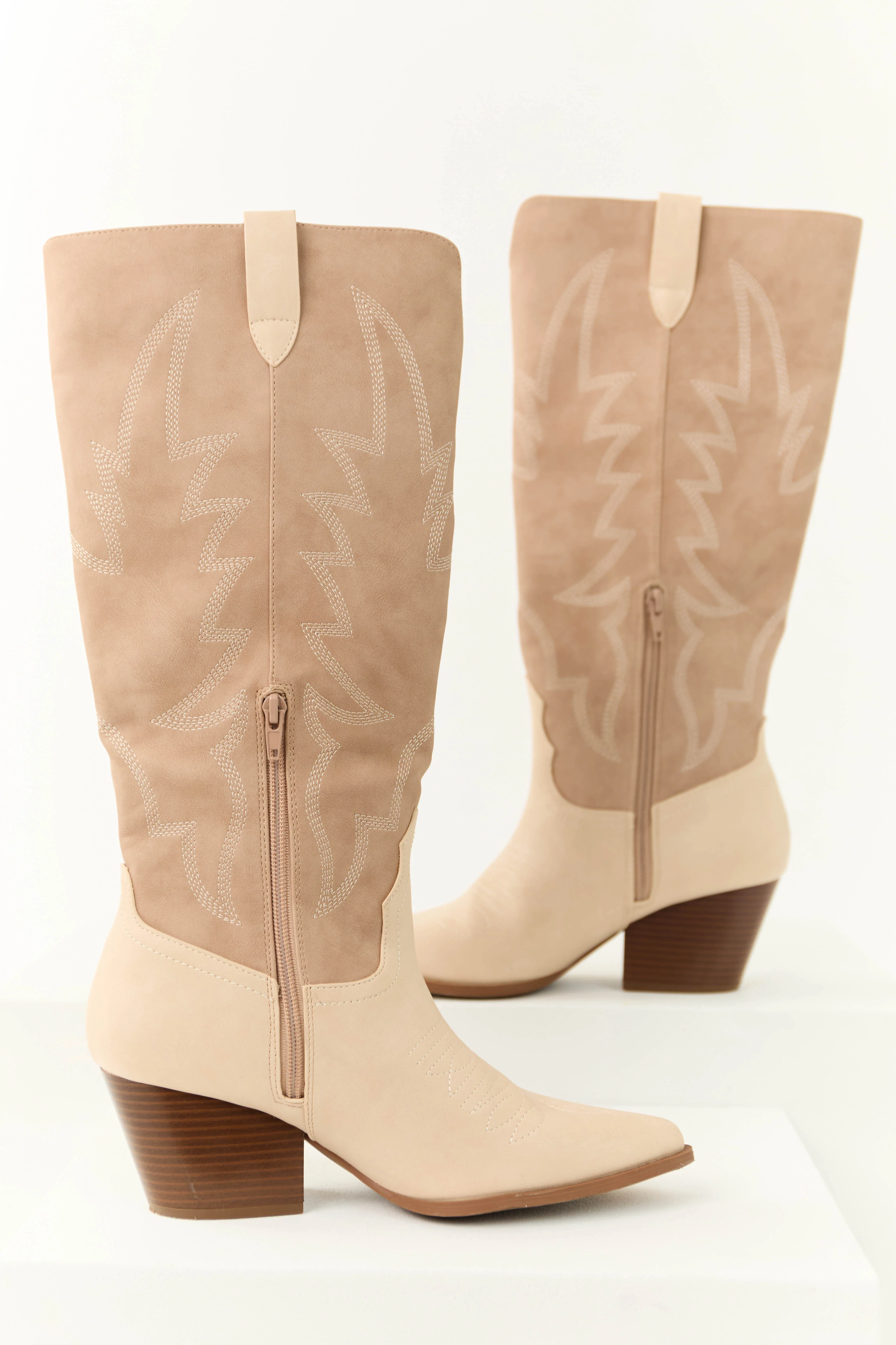 Latte Western Embroidered Pointed Toe Boots - Image 3