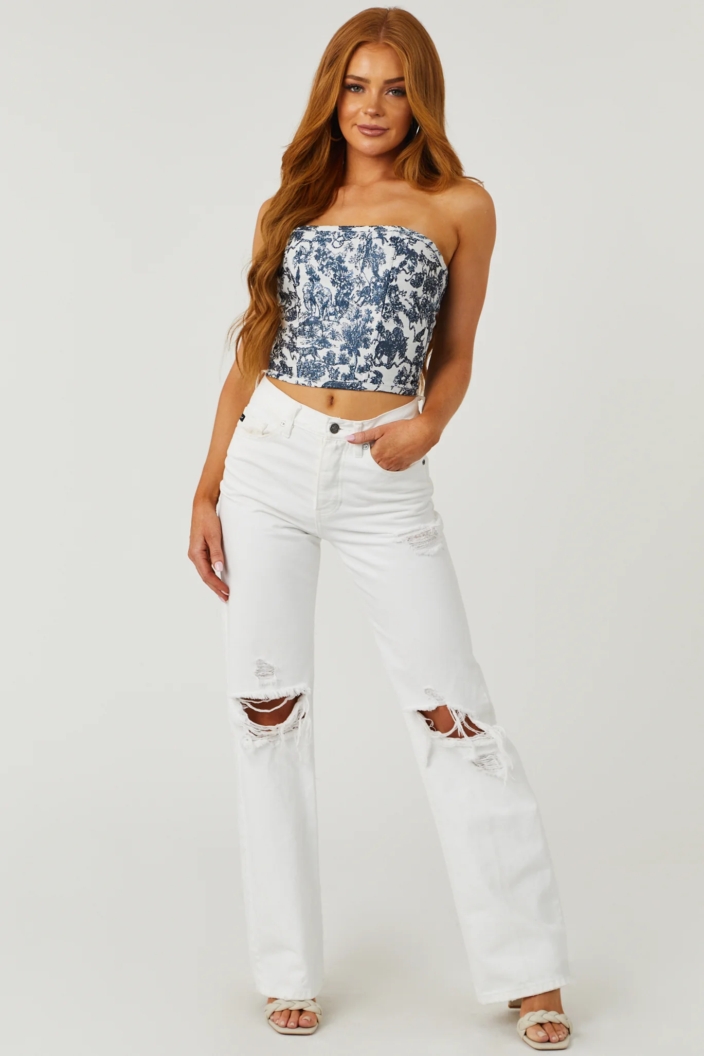 Navy Floral Print Strapless Lace Up Corset Top - Image 4